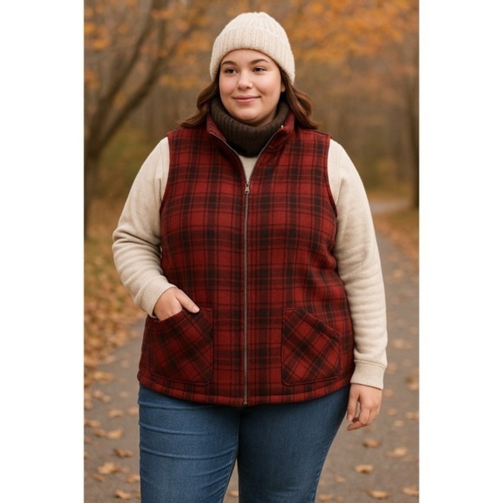 Maurices Red Plaid Fleece Lined Sherpa Vest Full Zip Pockets Size 2X